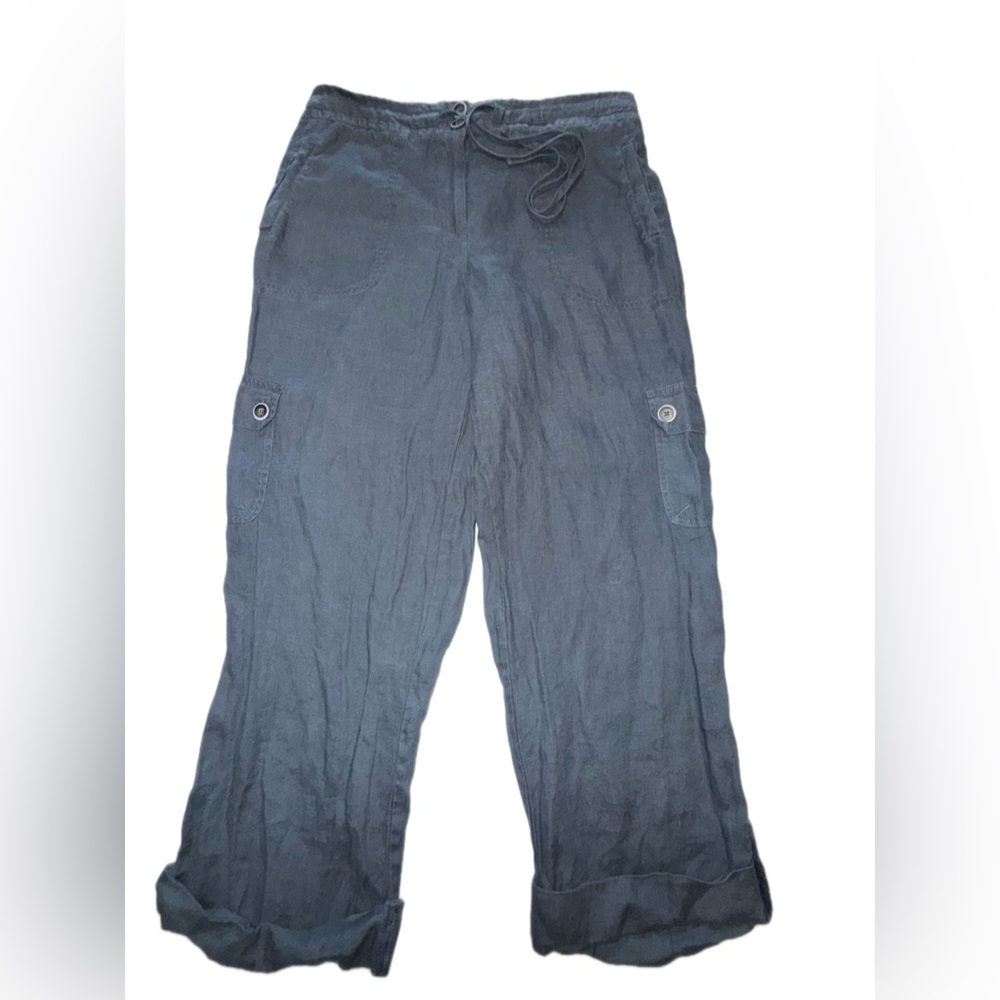 Hot Cotton Linen Cargo Pants Women’s Medium Gray Drawstring Utility outdoor - Picture 4 of 11